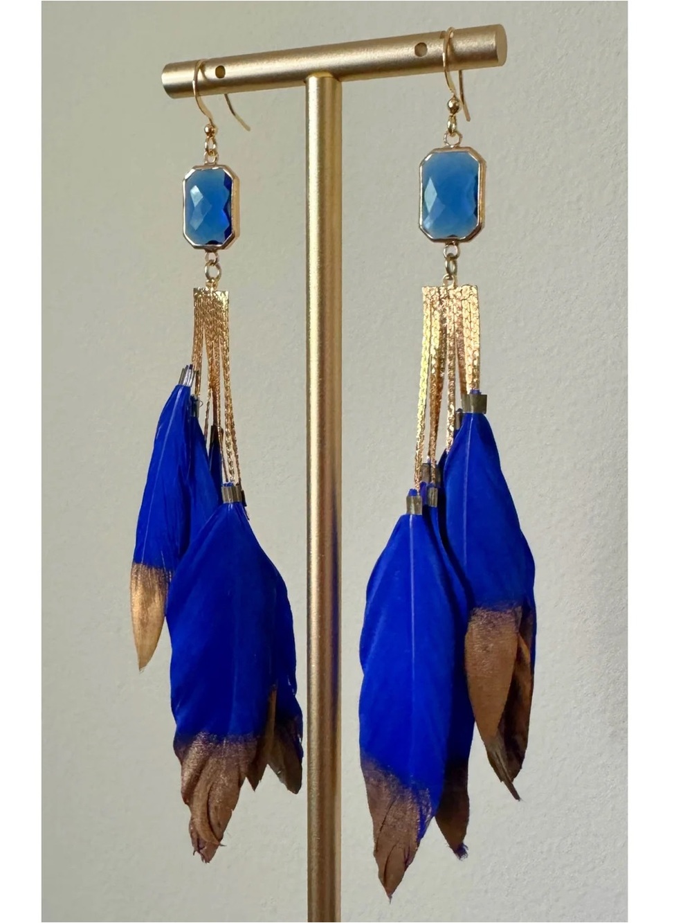 Gold and Cobalt Blue Feather Drop Earrings